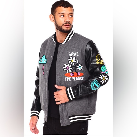 New Mens Save the Planet varsity with appliqués casual moto jacket coat - Picture 3 of 17